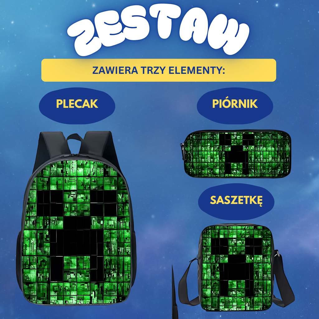 Plecak szkolny 3w1 z Piórnikiem i Saszetką, motyw Pixel Game