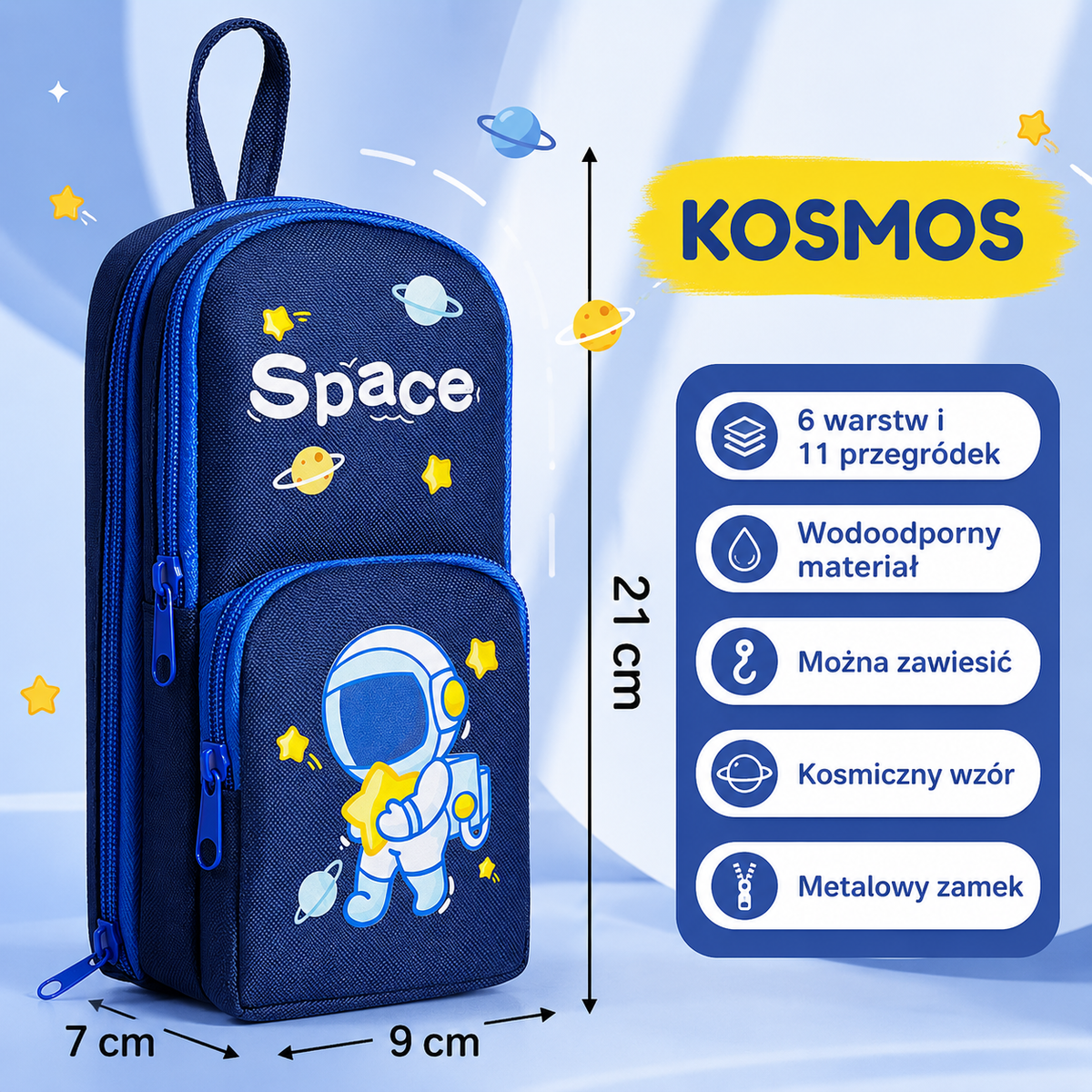 Piórnik szkolny tekstylny Astronauta, granatowy, pionowy, 3-komorowy