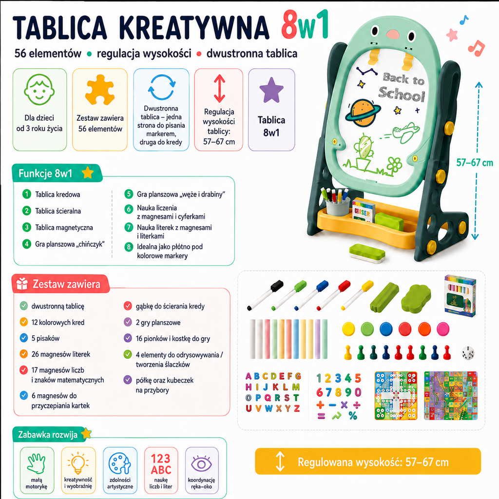 Dwustronna Tablica Magnetyczna do Rysowania i Nauki Liter i Cyfr - 56 elementów
