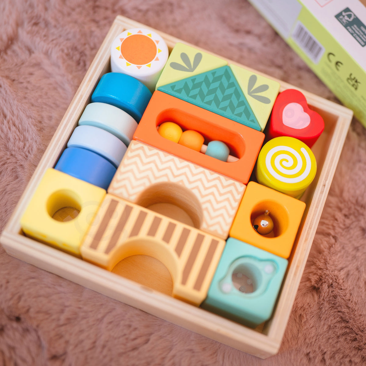 Drewniane Klocki Sensoryczne 7 Funkcji Układanka Multifunkcyjna Kształty Dźwięk MONTESSORI 14 el. – zdjęcie 2