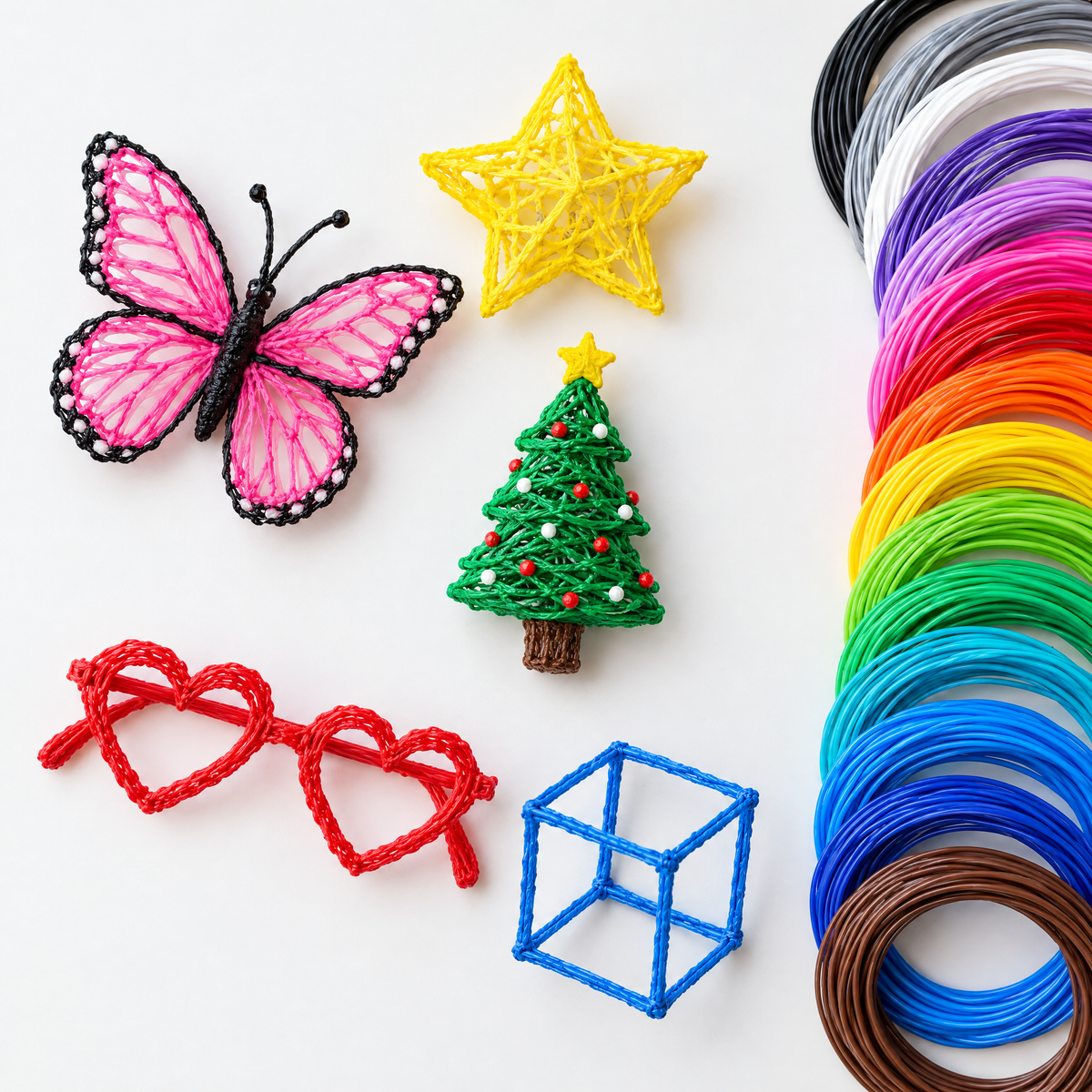 Figurki z długopisu 3D: motyl, gwiazda, choinka, okulary i kolorowe wkłady