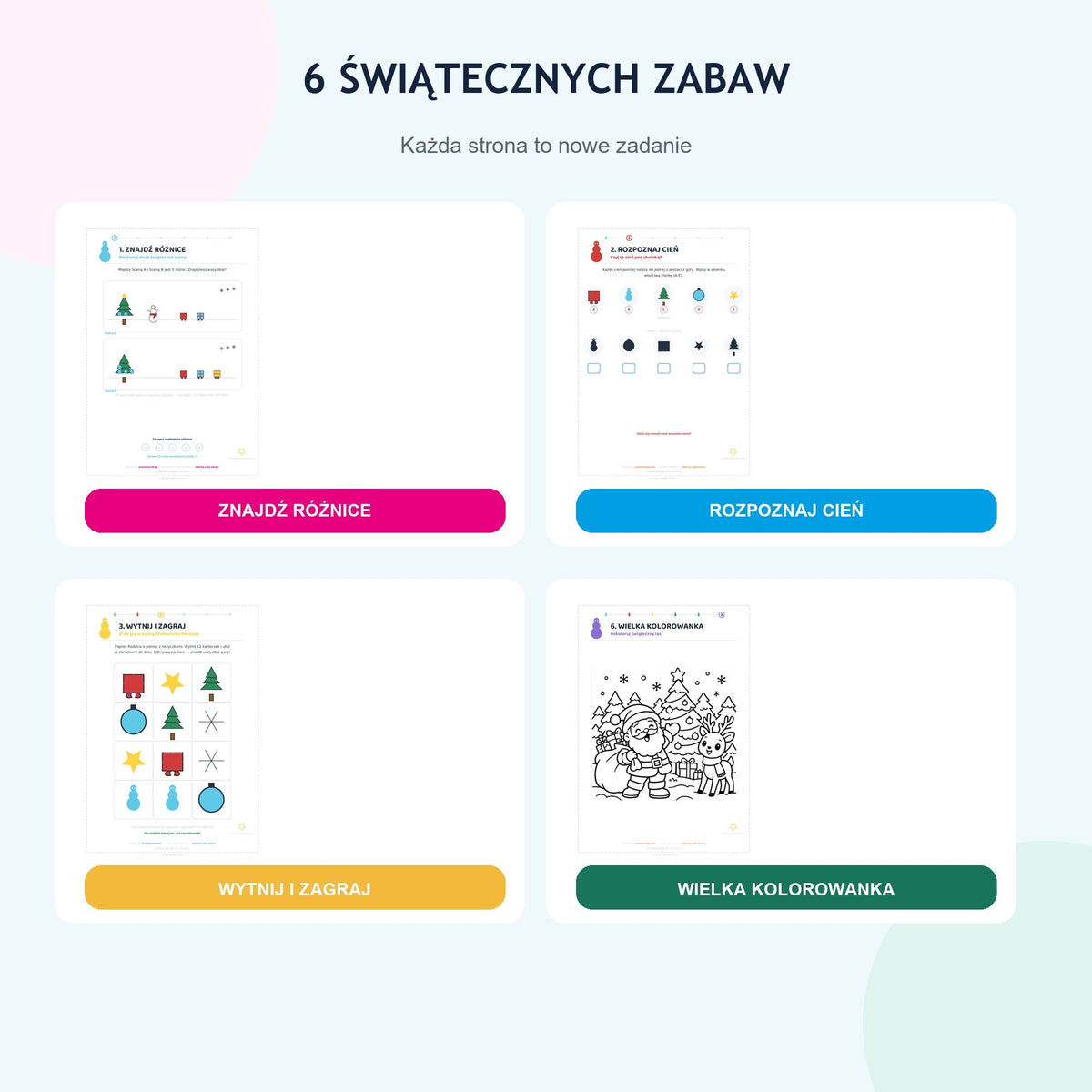 Przykładowe zadania: różnice, cienie, świąteczne memory i kolorowanka
