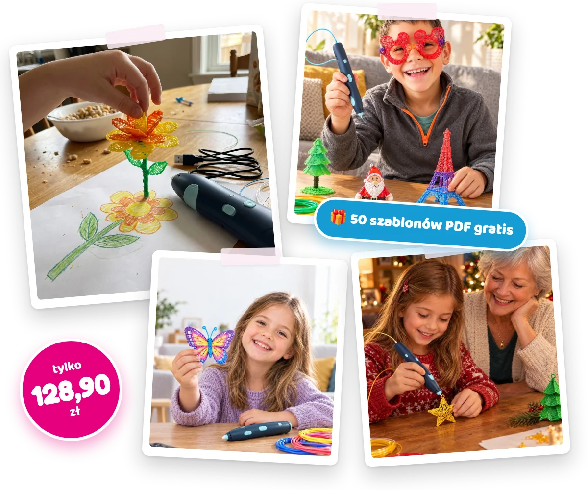 Dzieci tworzą długopisem 3D: kwiatek z rysunku, okulary, motyl i gwiazdka na choinkę. Długopis 3D za 128,90 zł, 50 szablonów PDF gratis